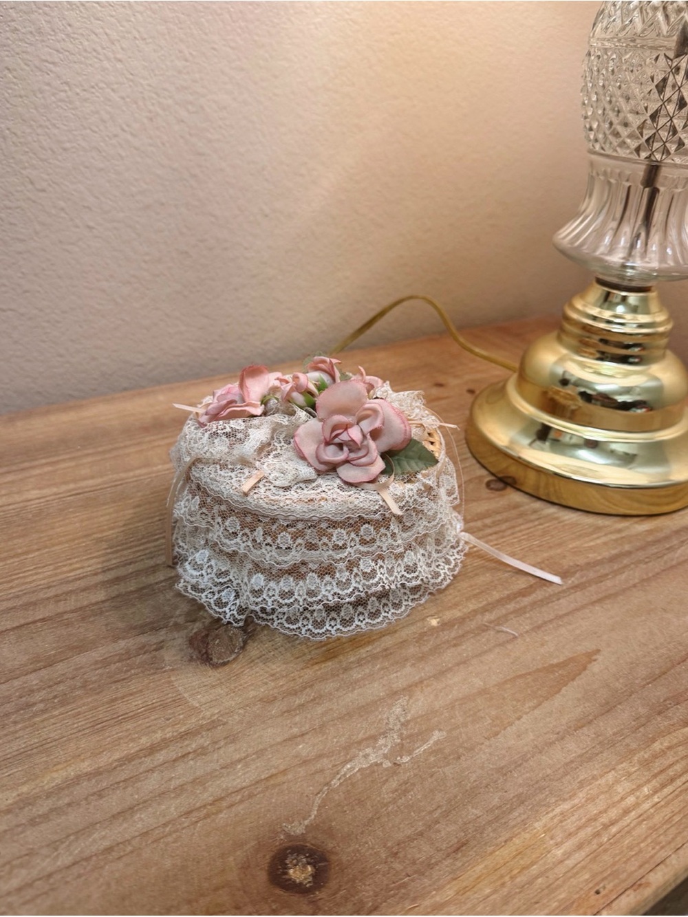 Antique Pink and Cream Lace Floral Trinket Box